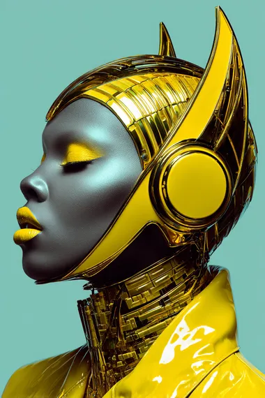 [ultra-stylized editorial portrait of a futuristic Black woman in profile view], wearing chrome yellow sculptural horns and a metallic helmet, abstract cybernetic headgear design, glossy black skin, minimal background in light blue, high fashion latex clothing, dramatic lighting, afrofuturist elegance, sci-fi fashion editorial, 85mm lens, shallow depth of field,   --s 750 --raw  4w3k2n9