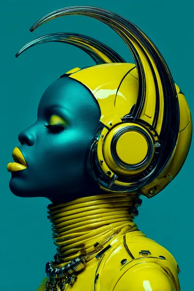 [ultra-stylized editorial portrait of a futuristic Black woman in profile view], wearing chrome yellow sculptural horns and a metallic helmet, abstract cybernetic headgear design, glossy black skin, minimal background in light blue, high fashion latex clothing, dramatic lighting, afrofuturist elegance, sci-fi fashion editorial, 85mm lens, shallow depth of field,   --s 750 --raw  4w3k2n9