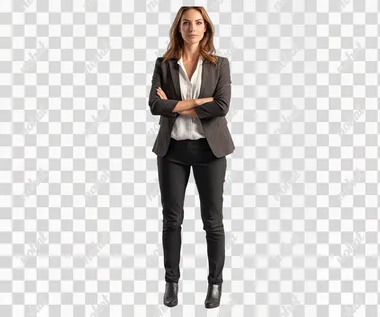 generate a realistic full length image of an attractive woman in her 30s facing forward. She represents a tech company. She should be pleasant looking as well as looking intellectual. Use 300 dpi