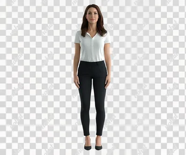 generate a realistic full length image of an attractive woman in her 30s facing forward. She represents a tech company. She should be pleasant looking as well as looking intellectual. Use 300 dpi