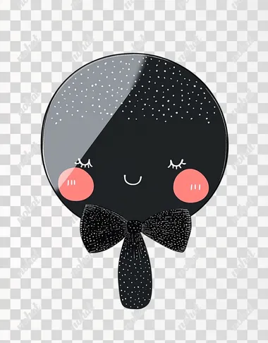 A cute black round hand mirror with bow decoration, vector art in Korean "chibi" style, flat 2D thick stroke design, white background, no shadow on the ground, and no text or letters in front of it. It is made up only of black color and has some small dots around its edges. An adorable little bell is also hanging from one corner of the hand Mirror. The mirror itself is circular-shaped and adorned with delicate patterns at both ends.