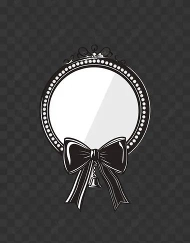 A cute black round hand mirror with bow decoration, vector art in Korean "chibi" style, flat 2D thick stroke design, white background, no shadow on the ground, and no text or letters in front of it. It is made up only of black color and has some small dots around its edges. An adorable little bell is also hanging from one corner of the hand Mirror. The mirror itself is circular-shaped and adorned with delicate patterns at both ends.