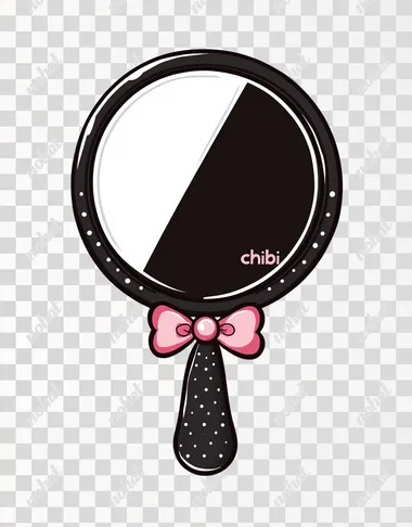 A cute black round hand mirror with bow decoration, vector art in Korean "chibi" style, flat 2D thick stroke design, white background, no shadow on the ground, and no text or letters in front of it. It is made up only of black color and has some small dots around its edges. An adorable little bell is also hanging from one corner of the hand Mirror. The mirror itself is circular-shaped and adorned with delicate patterns at both ends.