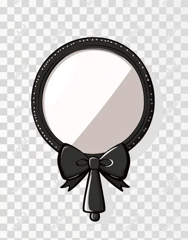 A cute black round hand mirror with bow decoration, vector art in Korean "chibi" style, flat 2D thick stroke design, white background, no shadow on the ground, and no text or letters in front of it. It is made up only of black color and has some small dots around its edges. An adorable little bell is also hanging from one corner of the hand Mirror. The mirror itself is circular-shaped and adorned with delicate patterns at both ends.
