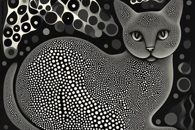 a cat Abstract design using circular dots arranged in a dynamic yet minimalistic composition, geometric style, monochromatic color scheme, clean lines, suitable for 5x5cm canvas, high contrast, sharp edges, modern aesthetic