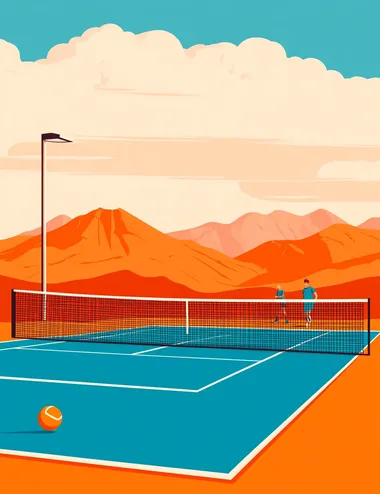 A flat illustration of pickleball players playing on the court, in the style of Malika Favre, with a vector art style, a blue and orange color palette, and a minimalistic design featuring clean lines and geometric shapes. The vibrant, detailed, and modern aesthetic depicts an outdoor setting with mountains in the distance. It is a sunny day with clear skies and gentle lighting casting long shadows over the tennis net.  --s 250  5cuh8in