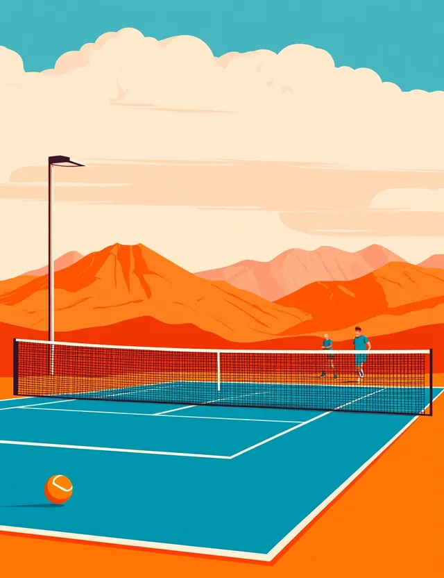 Pickleball Players on Court with Mountain View and Sunny Skies
