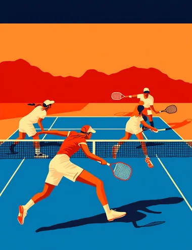 A flat illustration of pickleball players playing on the court, in the style of Malika Favre, with a vector art style, a blue and orange color palette, and a minimalistic design featuring clean lines and geometric shapes. The vibrant, detailed, and modern aesthetic depicts an outdoor setting with mountains in the distance. It is a sunny day with clear skies and gentle lighting casting long shadows over the tennis net.  --s 250  5cuh8in