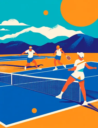 A flat illustration of pickleball players playing on the court, in the style of Malika Favre, with a vector art style, a blue and orange color palette, and a minimalistic design featuring clean lines and geometric shapes. The vibrant, detailed, and modern aesthetic depicts an outdoor setting with mountains in the distance. It is a sunny day with clear skies and gentle lighting casting long shadows over the tennis net.  --s 250  5cuh8in