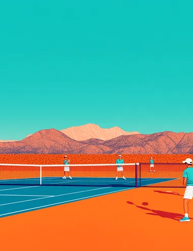 A flat illustration of pickleball players playing on the court, in the style of Malika Favre, with a vector art style, a blue and orange color palette, and a minimalistic design featuring clean lines and geometric shapes. The vibrant, detailed, and modern aesthetic depicts an outdoor setting with mountains in the distance. It is a sunny day with clear skies and gentle lighting casting long shadows over the tennis net.  --s 250  5cuh8in