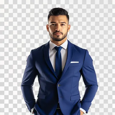 portrait of a male lawyer of brazilians descent in a confident pose wearing a royal blue suit, studio photo on a stark white background, focused expression