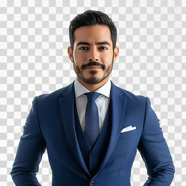 portrait of a male lawyer of brazilians descent in a confident pose wearing a royal blue suit, studio photo on a stark white background, focused expression