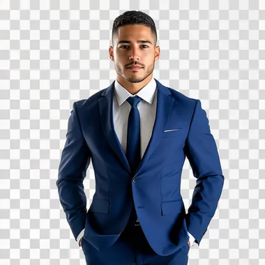 portrait of a male lawyer of brazilians descent in a confident pose wearing a royal blue suit, studio photo on a stark white background, focused expression
