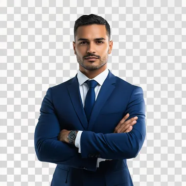 portrait of a male lawyer of brazilians descent in a confident pose wearing a royal blue suit, studio photo on a stark white background, focused expression