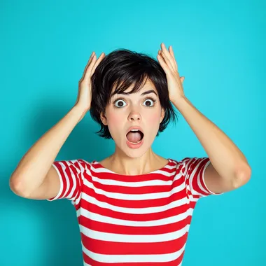 Photo of a woman with a shocked expression, wearing a red and white striped shirt against a solid blue background. Her surprised look features hands cupping the sides of her head, mouth open in surprise, and short black hair styled to one side. The vibrant colors add contrast, giving the image a retro photography style.