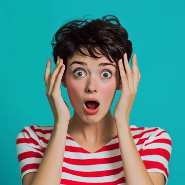 Photo of a woman with a shocked expression, wearing a red and white striped shirt against a solid blue background. Her surprised look features hands cupping the sides of her head, mouth open in surprise, and short black hair styled to one side. The vibrant colors add contrast, giving the image a retro photography style.
