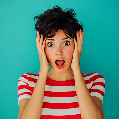 Photo of a woman with a shocked expression, wearing a red and white striped shirt against a solid blue background. Her surprised look features hands cupping the sides of her head, mouth open in surprise, and short black hair styled to one side. The vibrant colors add contrast, giving the image a retro photography style.
