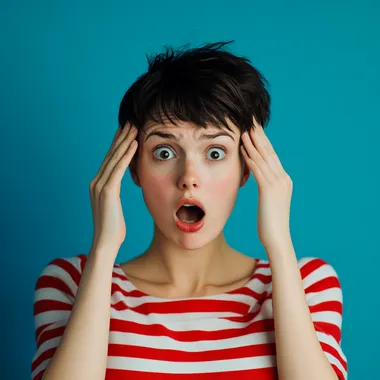 Photo of a woman with a shocked expression, wearing a red and white striped shirt against a solid blue background. Her surprised look features hands cupping the sides of her head, mouth open in surprise, and short black hair styled to one side. The vibrant colors add contrast, giving the image a retro photography style.