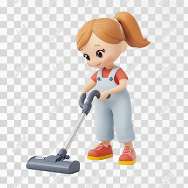 Female focused while vacuuming a carpet. .simple 3d cute Illustration,white back ground