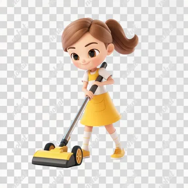 Female focused while vacuuming a carpet. .simple 3d cute Illustration,white back ground