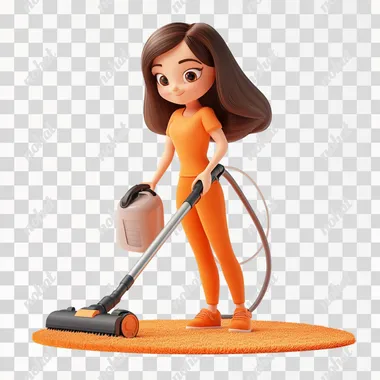 Female focused while vacuuming a carpet. .simple 3d cute Illustration,white back ground