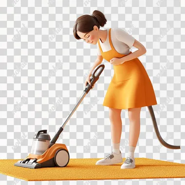 Female focused while vacuuming a carpet. .simple 3d cute Illustration,white back ground