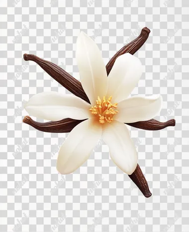 floating vanilla flower, photorealistic image, white background