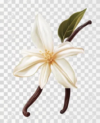 floating vanilla flower, photorealistic image, white background