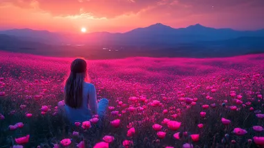 The starlit late night, the sea of tiny pink and purple poppies, and the mountains surrounding the area create an enchanting and dreamy atmosphere no sun   --s 750