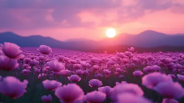 The starlit late night, the sea of tiny pink and purple poppies, and the mountains surrounding the area create an enchanting and dreamy atmosphere no sun   --s 750