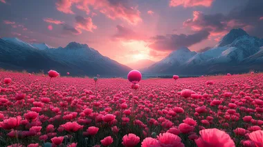 The starlit late night, the sea of tiny pink and purple poppies, and the mountains surrounding the area create an enchanting and dreamy atmosphere no sun   --s 750