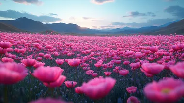 The starlit late night, the sea of tiny pink and purple poppies, and the mountains surrounding the area create an enchanting and dreamy atmosphere no sun   --s 750