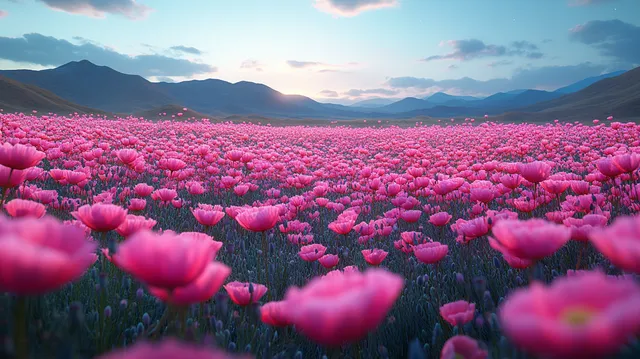Pink and purple poppies in a mountain valley under starlit night sky