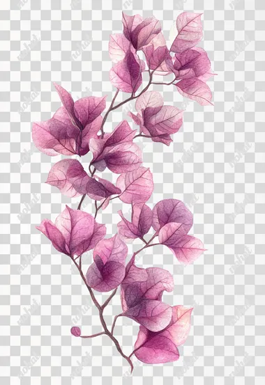 A real illustration of a branch of lilac bougainvilleas, from corner to corner,