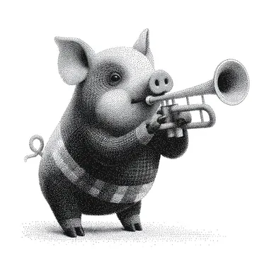 A small black and white micro-realistic dot-matrix pencil drawing of an anthropomorphic cute piggy blowing a trumpet, with a smooth dot-matrix gradient on a white background --s 250