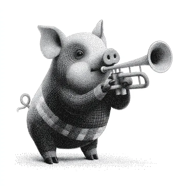 Cute Anthropomorphic Pig Blowing Trumpet
