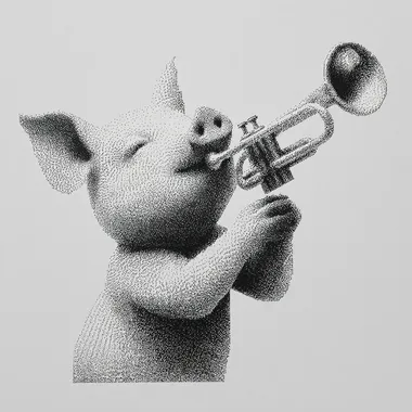 A small black and white micro-realistic dot-matrix pencil drawing of an anthropomorphic cute piggy blowing a trumpet, with a smooth dot-matrix gradient on a white background --s 250