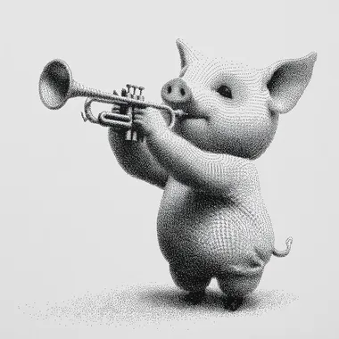A small black and white micro-realistic dot-matrix pencil drawing of an anthropomorphic cute piggy blowing a trumpet, with a smooth dot-matrix gradient on a white background --s 250