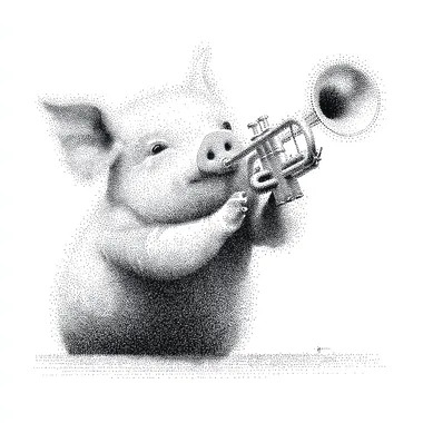 A small black and white micro-realistic dot-matrix pencil drawing of an anthropomorphic cute piggy blowing a trumpet, with a smooth dot-matrix gradient on a white background --s 250