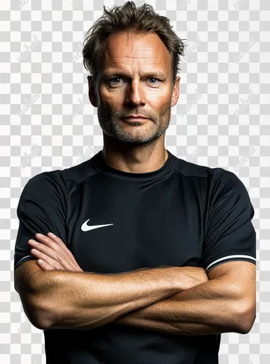 Establishing portrait of 50 yo Dutch man as a coach footballer , on a wide white background, ultra realistic, 8K, photo realistic,