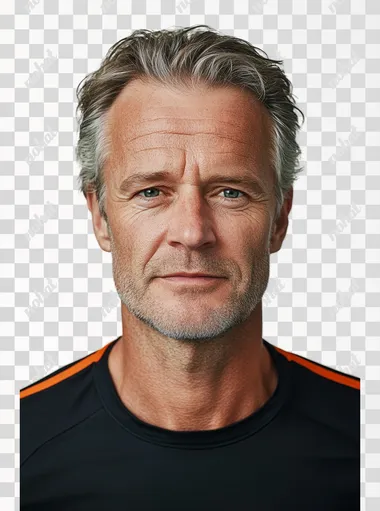 Establishing portrait of 50 yo Dutch man as a coach footballer , on a wide white background, ultra realistic, 8K, photo realistic,