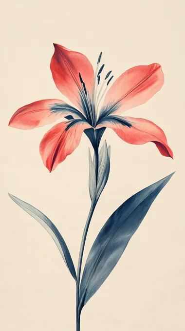 Illustrate a single, elegant red flower standing upright, with intricate petals resembling a mix of an iris and a lily. The flower is rendered in a detailed, painterly style with subtle gradients of blue, indigo, and soft cyan. The stem is thin and delicate, with a few small, pointed green leaves. The background is an even, neutral gray or light beige, ensuring easy removal and replacement. The lighting is soft and diffused, giving the flower a gentle glow without strong shadows, emphasizing its vibrant color and intricate details."