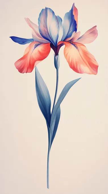 Illustrate a single, elegant red flower standing upright, with intricate petals resembling a mix of an iris and a lily. The flower is rendered in a detailed, painterly style with subtle gradients of blue, indigo, and soft cyan. The stem is thin and delicate, with a few small, pointed green leaves. The background is an even, neutral gray or light beige, ensuring easy removal and replacement. The lighting is soft and diffused, giving the flower a gentle glow without strong shadows, emphasizing its vibrant color and intricate details."