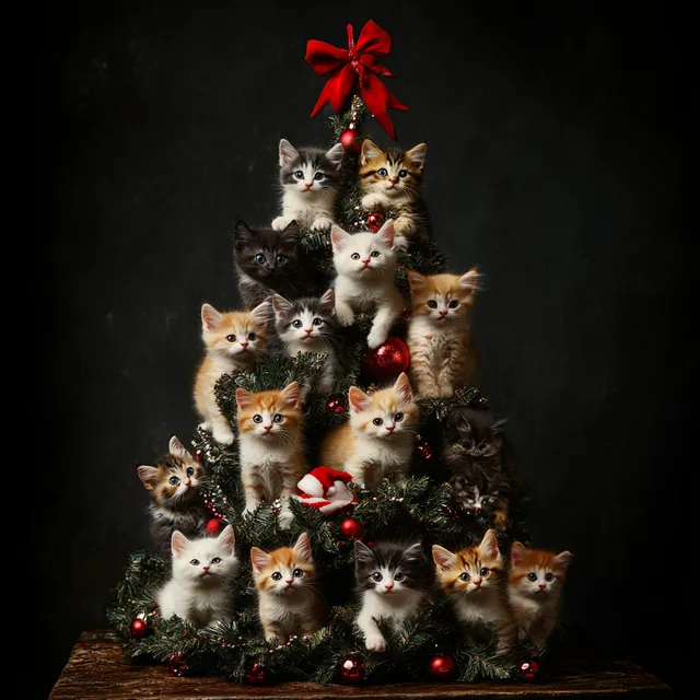 Kittens Sitting on Colorful Christmas Tree in Studio Vertical Photo