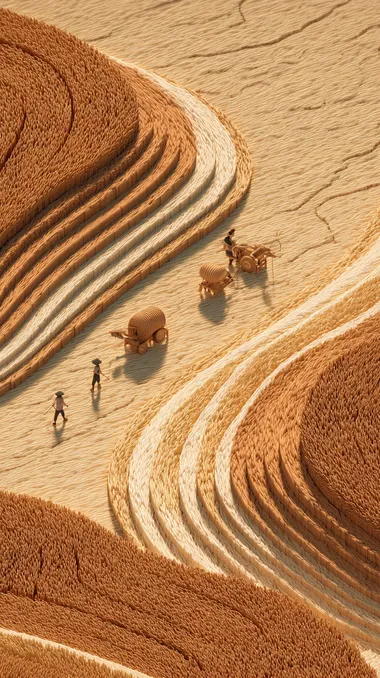 Farmers are picking and harvesting wheat in the wheat fields, surrounded by endless golden wheat fields, light beige minimalist illustration style. The perspective composition is characterized by soft water wave tones that capture ultra-high-definition image quality from an aerial view. It has an elegant background and high definition, with the style of a Chinese artist. Ix. 16 Again - based on augmented Reality technology