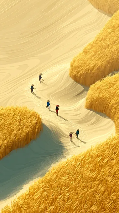 Farmers are picking and harvesting wheat in the wheat fields, surrounded by endless golden wheat fields, light beige minimalist illustration style. The perspective composition is characterized by soft water wave tones that capture ultra-high-definition image quality from an aerial view. It has an elegant background and high definition, with the style of a Chinese artist. Ix. 16 Again - based on augmented Reality technology
