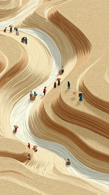 Farmers are picking and harvesting wheat in the wheat fields, surrounded by endless golden wheat fields, light beige minimalist illustration style. The perspective composition is characterized by soft water wave tones that capture ultra-high-definition image quality from an aerial view. It has an elegant background and high definition, with the style of a Chinese artist. Ix. 16 Again - based on augmented Reality technology