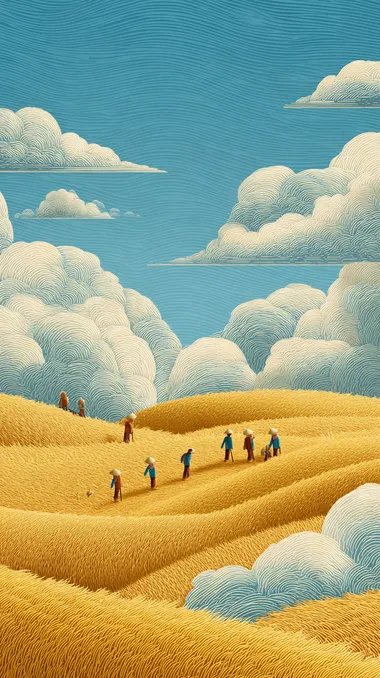 Farmers are picking and harvesting wheat in the wheat fields, surrounded by endless golden wheat fields, light beige minimalist illustration style. The perspective composition is characterized by soft water wave tones that capture ultra-high-definition image quality from an aerial view. It has an elegant background and high definition, with the style of a Chinese artist. Ix. 16 Again - based on augmented Reality technology