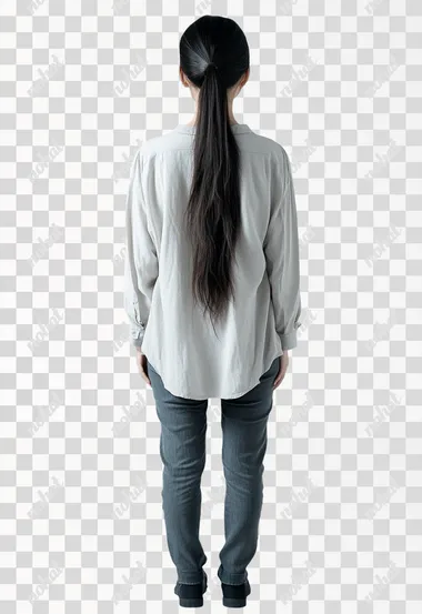 Portrait photography, full body portrait, The back of an Asian woman standing, Look back with your head, she made such gestures, She's 36 years old, she is wearing casual clothes, white background, minimalism, 16K, HDR,