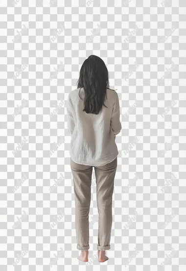 Portrait photography, full body portrait, The back of an Asian woman standing, Look back with your head, she made such gestures, She's 36 years old, she is wearing casual clothes, white background, minimalism, 16K, HDR,